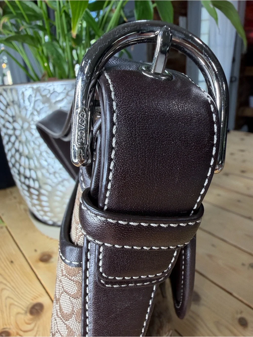 Coach Authentic Vintage Leather-Trim Brown Signature Crossbody Bag